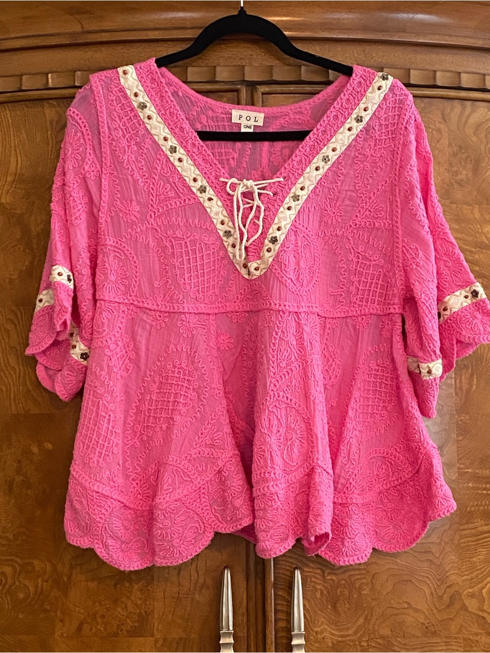 POL pink embroidered V-neck peasant blouse Size ONE SIZE (S-L) ($69)